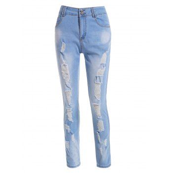 

Casual Jeans Zipper Fly Light Wash Solid Color Pockets Ripped Long Skinny Denim Pants, Light blue