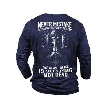 

Graphic T Shirt Skull Letter Print Round Neck Long Sleeve Casual Tee, Blue