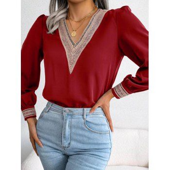 

Hollow Out Embroidery Blouse V Neck Long Sleeve Blouse, Multicolor a