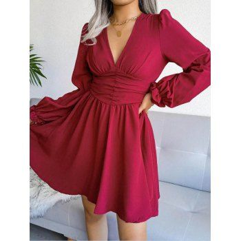 

Plunging Neck Long Sleeve Mini Dress Solid Color High Waist A Line Dress, Multicolor a