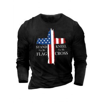 

American Flag Cross Letter Print Graphic T-shirt Long Sleeve Round Neck Casual Tee, Black