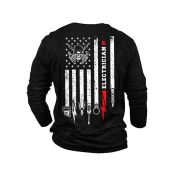 

Skull American Flag Letter Print Graphic T-shirt Casual Round Neck Long Sleeve Tee, Black