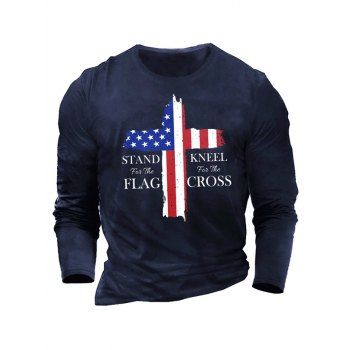 

American Flag Cross Letter Print Graphic T-shirt Long Sleeve Round Neck Casual Tee, Blue