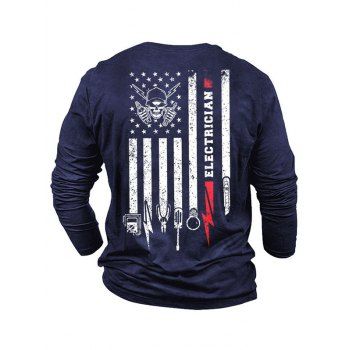 

Skull American Flag Letter Print Graphic T-shirt Casual Round Neck Long Sleeve Tee, Blue