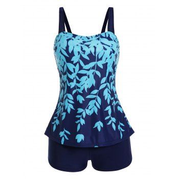 

Leaf Print Tummy Control Tankini Swimsuit Padded Adjustable Strap Tankini Two Piece Swimwear Boyleg Bathing Suit, Blue