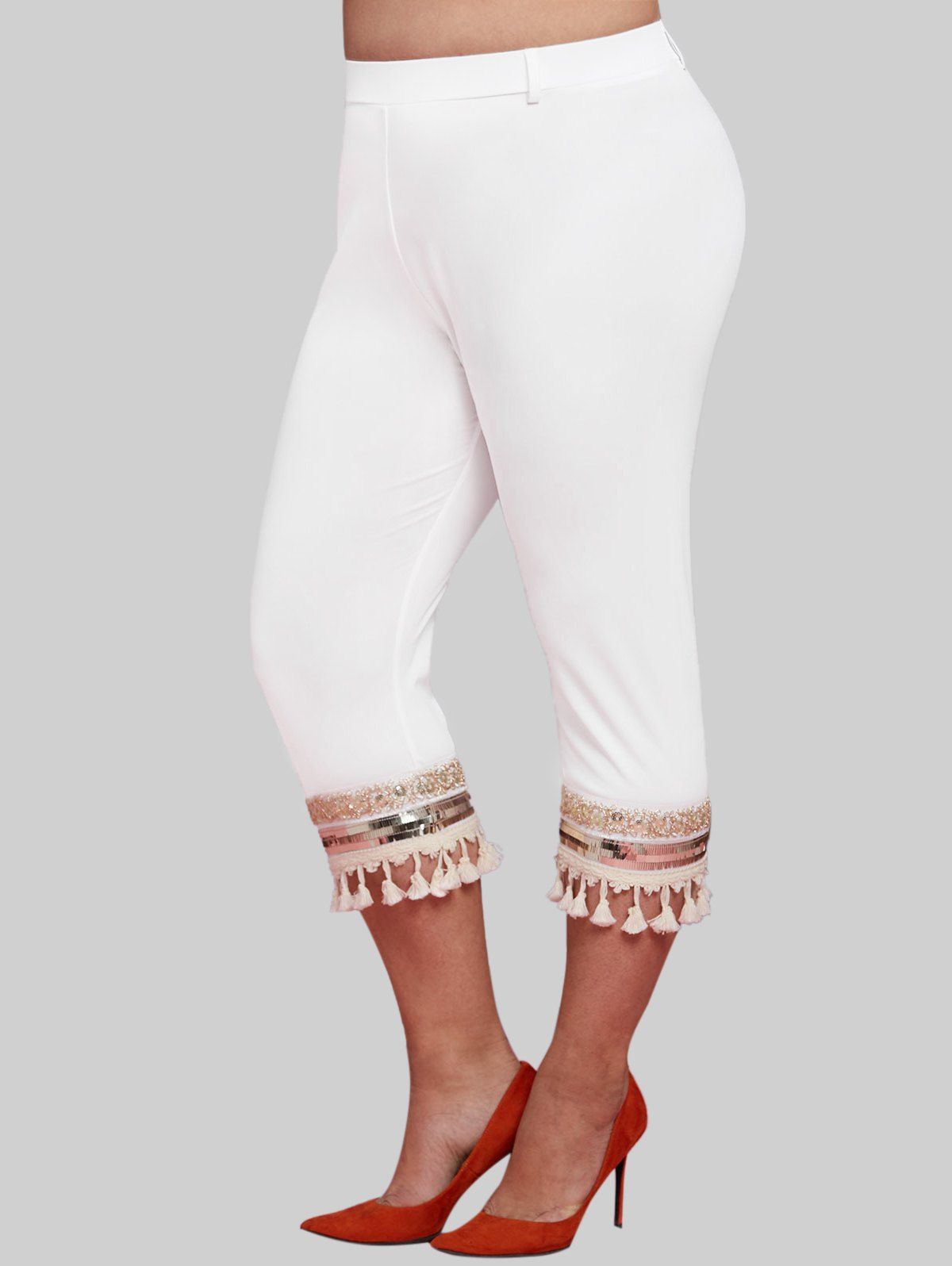 Pantalon Capri à Paillettes Brillantes Grande Taille - Blanc L