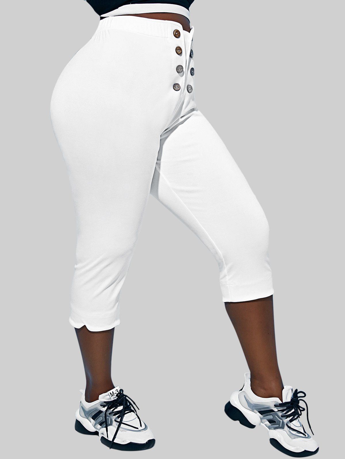 Pantalon Capri Boutonné de Grande Taille - Blanc 1X