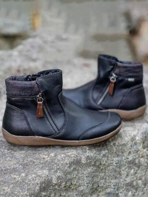 Colorblock Zippers PU Winter Flat Snow Boots
