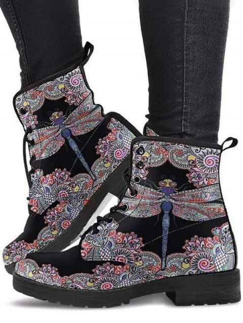 Flower Print Lace Up Warm Ankle Boots