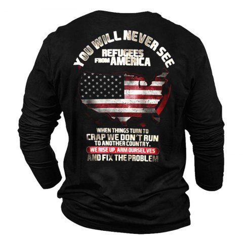Letter American Flag Print Graphic T Shirt Round Neck Long Sleeve Casual Tee