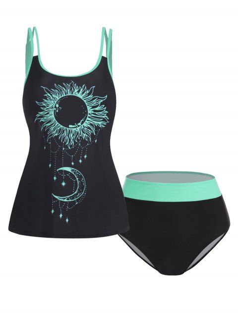 Tummy Control Tankini Swimsuit Two Tone Color Sun Moon Print Padded Swimwear Modest Bathing Suit