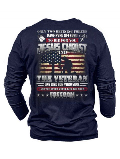American Flag Letter Print Graphic T Shirt Round Neck Long Sleeve Casual Tee