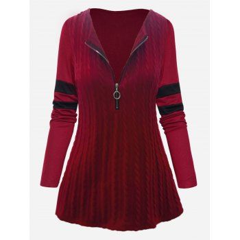 

Colorblock Panel Twisted Cable Textured Knit Top Long Sleeve O Ring Half Zipper Knitted Top, Deep red