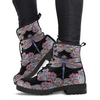 

Flower Print Lace Up Warm Ankle Boots, Gray