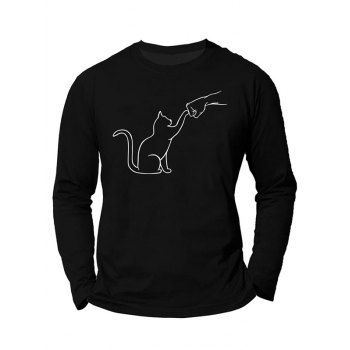 

Cute Cat Print T Shirt Round Neck Long Sleeve Casual Tee, Black