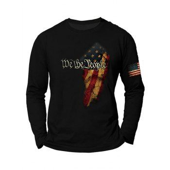 

Graphic T Shirt American Flag Letter Print Round Neck Long Sleeve Casual Tee, Black