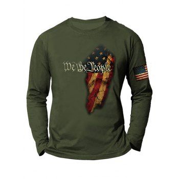 

Graphic T Shirt American Flag Letter Print Round Neck Long Sleeve Casual Tee, Green