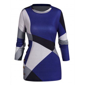 

Contrasting Geometric Print T-shirt Mock Button Long Sleeve Tee, Multicolor a