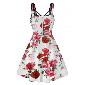 

Allover Rose Flower Print Mini Dress Sleeveless Zipper Detail Cottagecore A Line Tank Dress, White