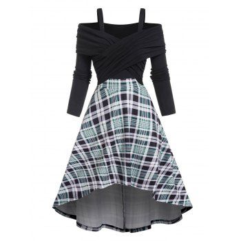

Plaid Print High Low Midi Dress Cold Shoulder Crossover High Waist Long Sleeve Dress, Black