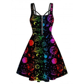 

Colorful Sun Moon Star Planets Print Mini Dress Sleeveless Zipper High Waist A Line Dress, Black