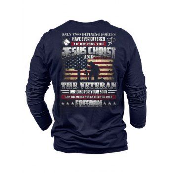 

American Flag Letter Print Graphic T Shirt Round Neck Long Sleeve Casual Tee, Blue