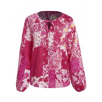 Allover Flower Tropical Leaf Paisley Print Raglan Sleeve Blouse Cut Out Mock Button Vacation Top