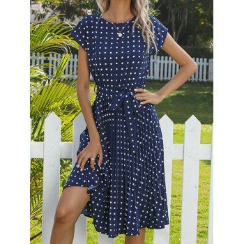

Allover Contrast Polka Dots Print Cap Sleeve Dress Belted High Waist A Line Dress, Deep blue