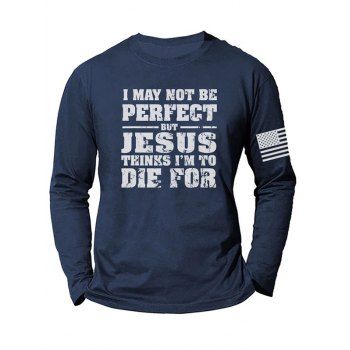 

Contrasting Slogan American Flag Print T-shirt Casual Round Neck Long Sleeve Tee, Blue