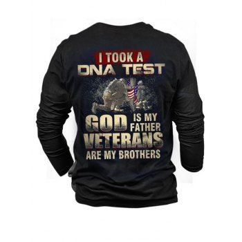 

Letter Slogan American Flag Soldier Print Graphic T-shirt Casual Round Neck Long Sleeve Tee, Black