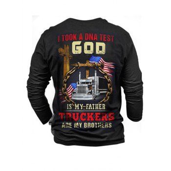 

Slogan American Flag Truck Print Graphic T-shirt Long Sleeve Round Neck Casual Tee, Black