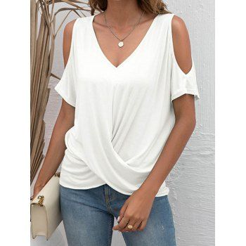 

Plain Color Cold Shoulder T Shirt Crossover V Neck Short Sleeve Casual Tee, White