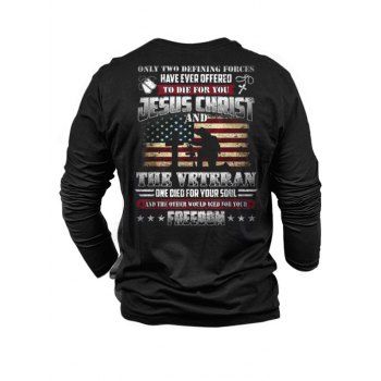 

American Flag Letter Print Graphic T Shirt Round Neck Long Sleeve Casual Tee, Black