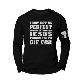 

Contrasting Slogan American Flag Print T-shirt Casual Round Neck Long Sleeve Tee, Black