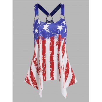 

Plus Size American Flag Print Handkerchief Tank Top O Ring Straps Irregular Hem Tank Top, Multicolor a