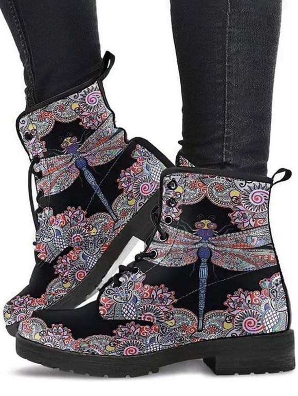 Flower Print Lace Up Warm Ankle Boots - Gris EU 38