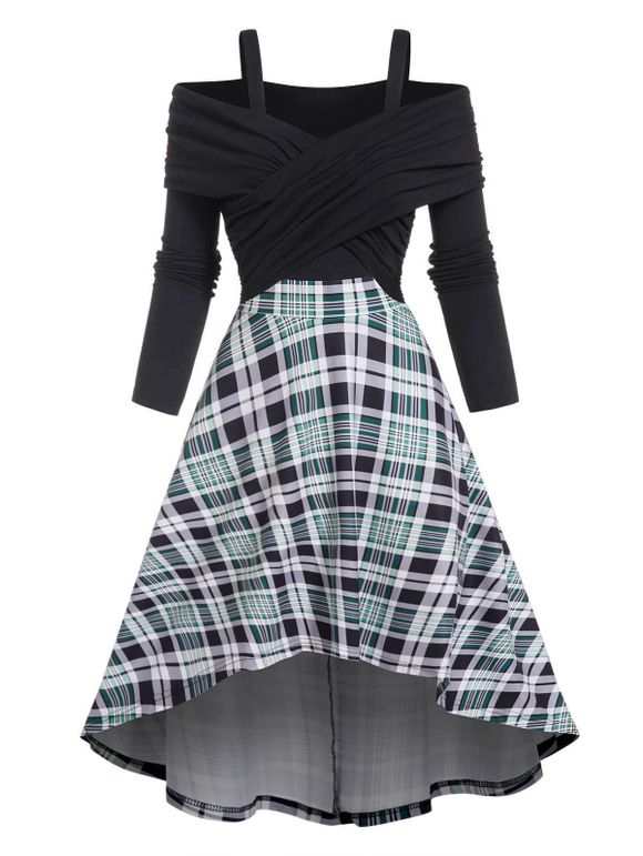 Plaid Print High Low Midi Dress Cold Shoulder Crossover High Waist Long Sleeve Dress - BLACK XL