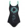 Tummy Control Tankini Swimsuit Two Tone Color Sun Moon Print Padded Swimwear Modest Bathing Suit - BLACK L