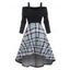 Plaid Print High Low Midi Dress Cold Shoulder Crossover High Waist Long Sleeve Dress - BLACK XL