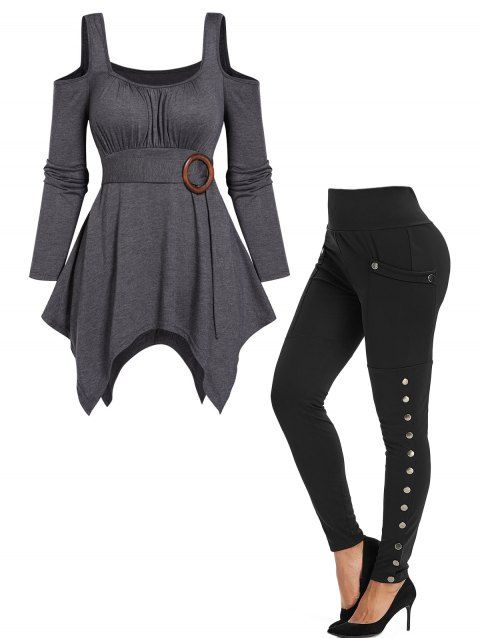 Cold Shoulder Asymmetric O-ring Belt Square Neck Top And Pocket Snap Button Side Leggings Casual Outfit