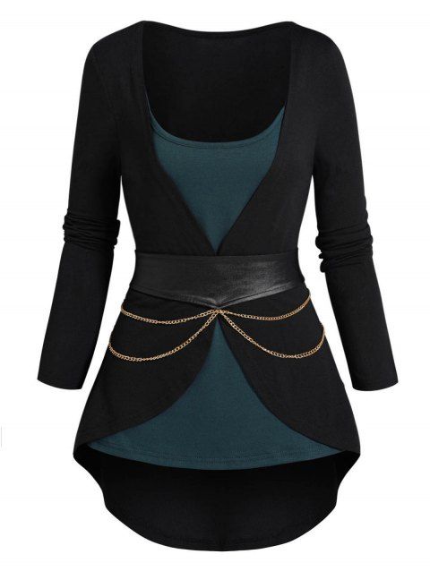 Colorblock Asymmetric Faux Twinset Top Long Sleeve Chain Belted 2 In 1 Top