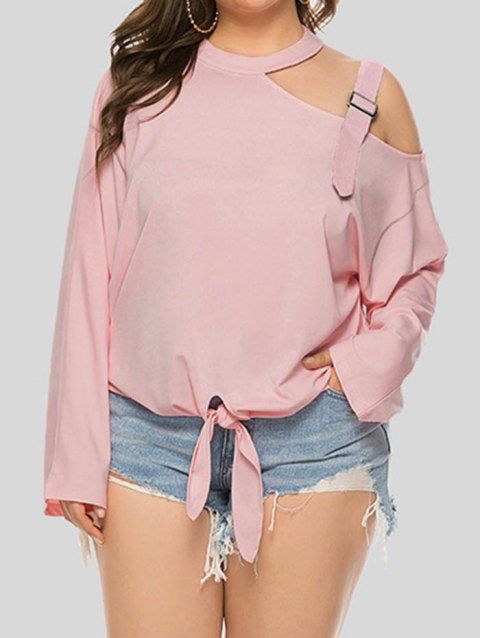 Plus Size T Shirt Pastel Color Open Shoulder Tied Long Sleeve Casual Tee