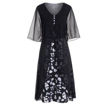 

Allover Flower Print Dress See Thru Mesh Overlay Mock Button Half Sleeve A Line Midi Dress, Black