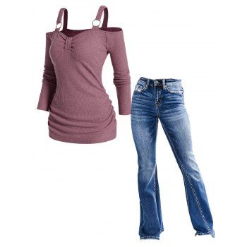 

Cold Shoulder Cinched Ruched Empire Waist Knit Top And Stitching Flare Pockets Zipper Fly Jeans Casual Outfit, Multicolor