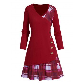 

Plaid Print Panel Mini Tee Dress Mock Button V Neck Long Sleeve Dress, Multicolor a