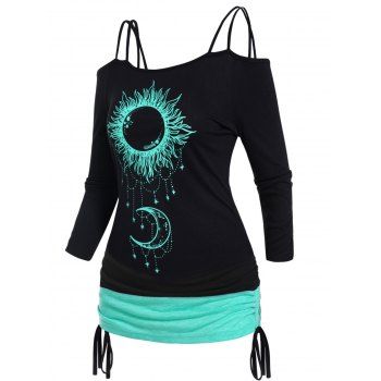 

Celestial Sun Moon Print Colorblock Top Cold Shoulder Cinched Dual Straps Top, Black
