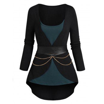 

Colorblock Asymmetric Faux Twinset Top Long Sleeve Chain Belted 2 In 1 Top, Black