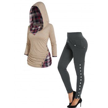 

Heather Plaid Print Panel Ruched Mock Button Hooded Top And Snap Button Side Leggings Casual Outfit, Multicolor