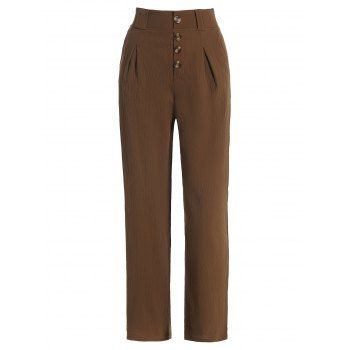 

Solid Color Pleated Wide Leg Pants Mock Button Textured Casual Long High Waist Loose Pants, Coffee