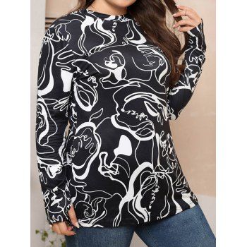 

Plus Size T Shirt Printed Round Neck Full Sleeve Long Tee, Black